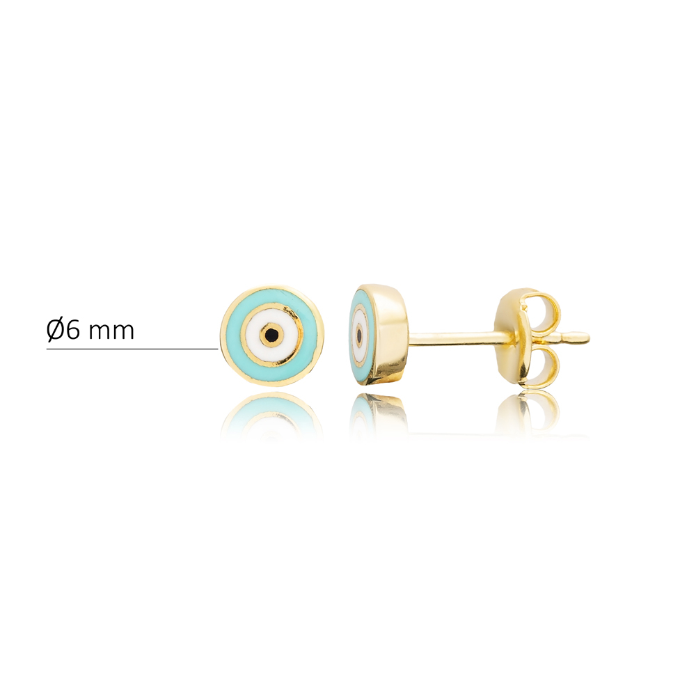 Ø6 mm Turquoise Enamel Round Evil Eye Design Silver Stud Earrings