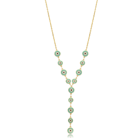 Double Side Multiple Evil Eye Enamel Silver Y Design Necklace