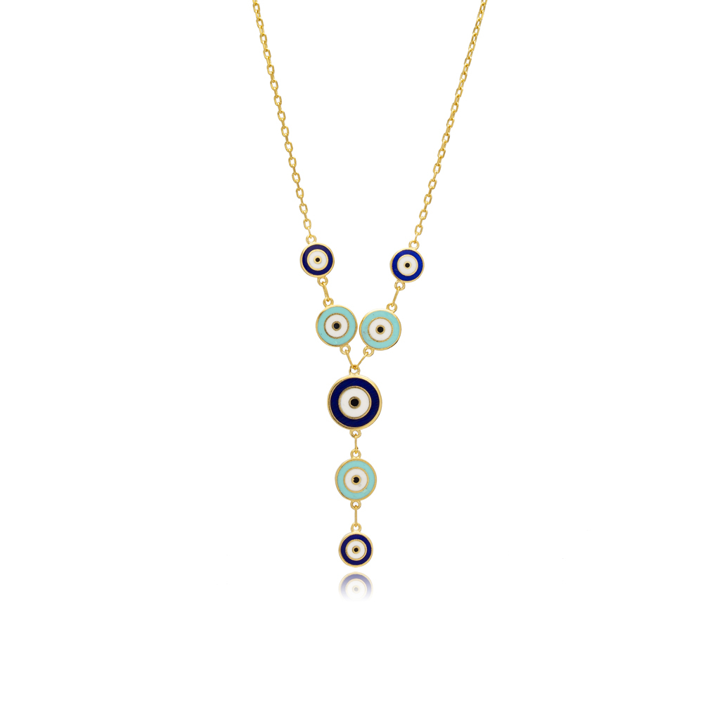 Enamel Double Side Multiple Evil Eye Silver Y Design Necklace