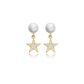 Pearl and Tiny Star Design Elegant Turkish Silver Stud Earrings