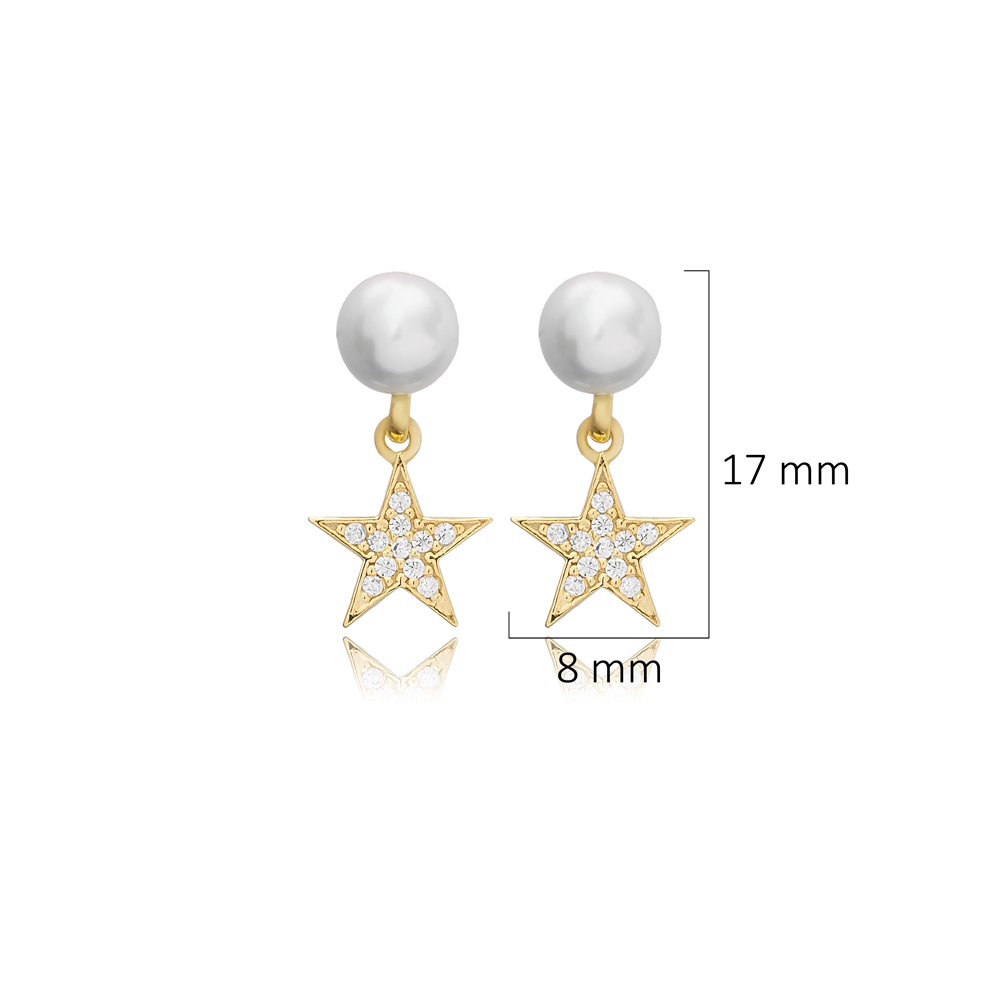 Pearl and Tiny Star Design Elegant Turkish Silver Stud Earrings