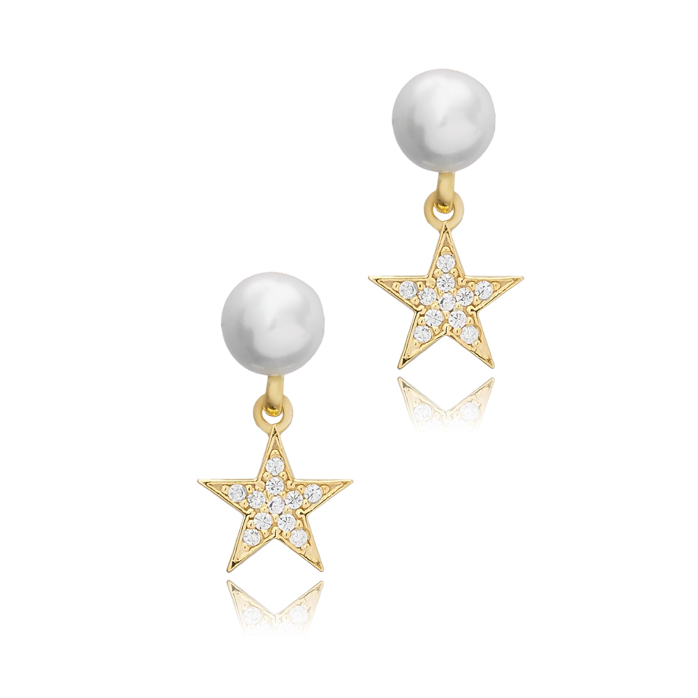 Pearl and Tiny Star Design Elegant Turkish Silver Stud Earrings