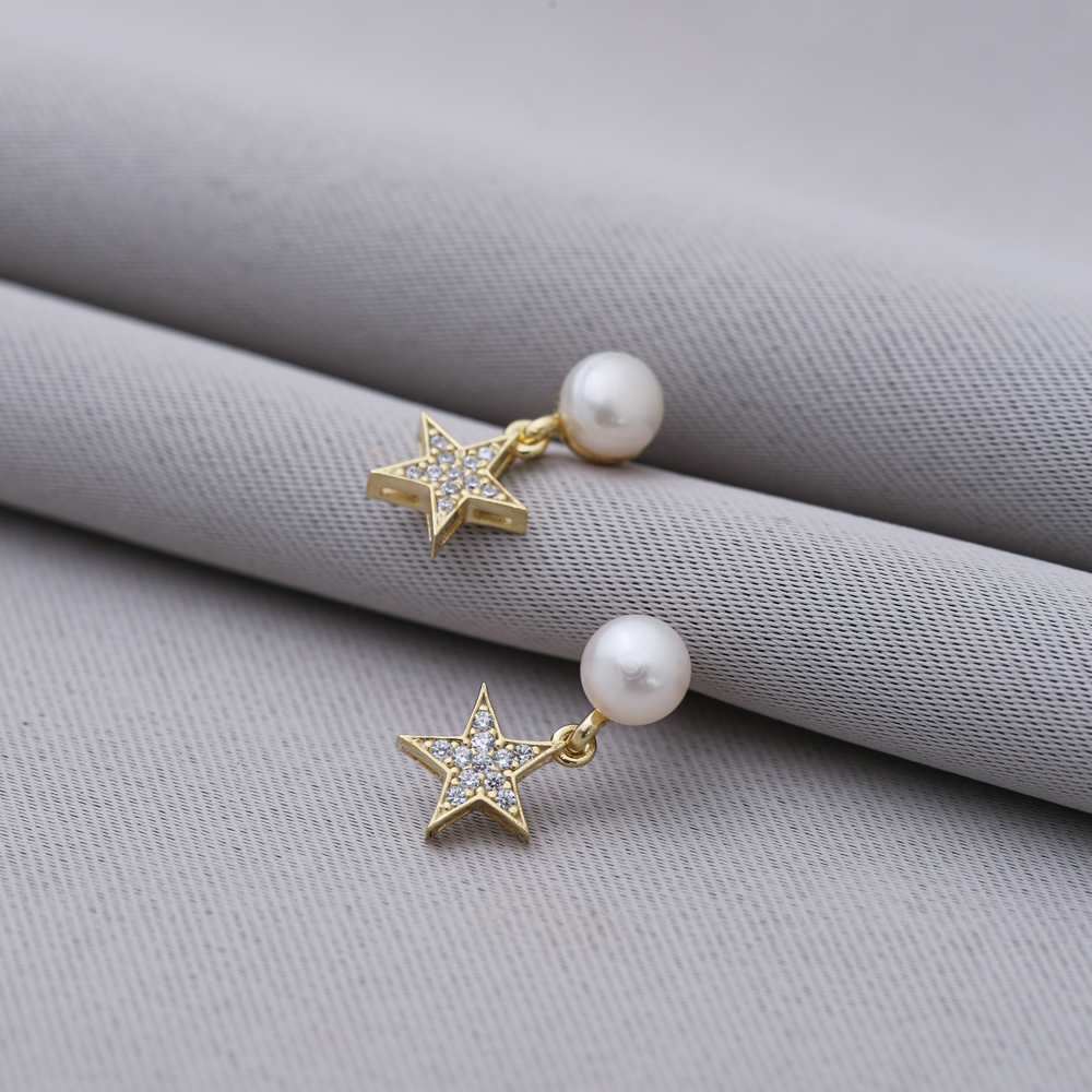 Pearl and Tiny Star Design Elegant Turkish Silver Stud Earrings