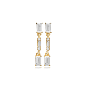 White CZ Stone Baguette Turkish Jewelry Silver Stud Earrings