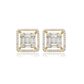 Square Shape Baguette Shiny CZ Stone Silver Stud Earrings