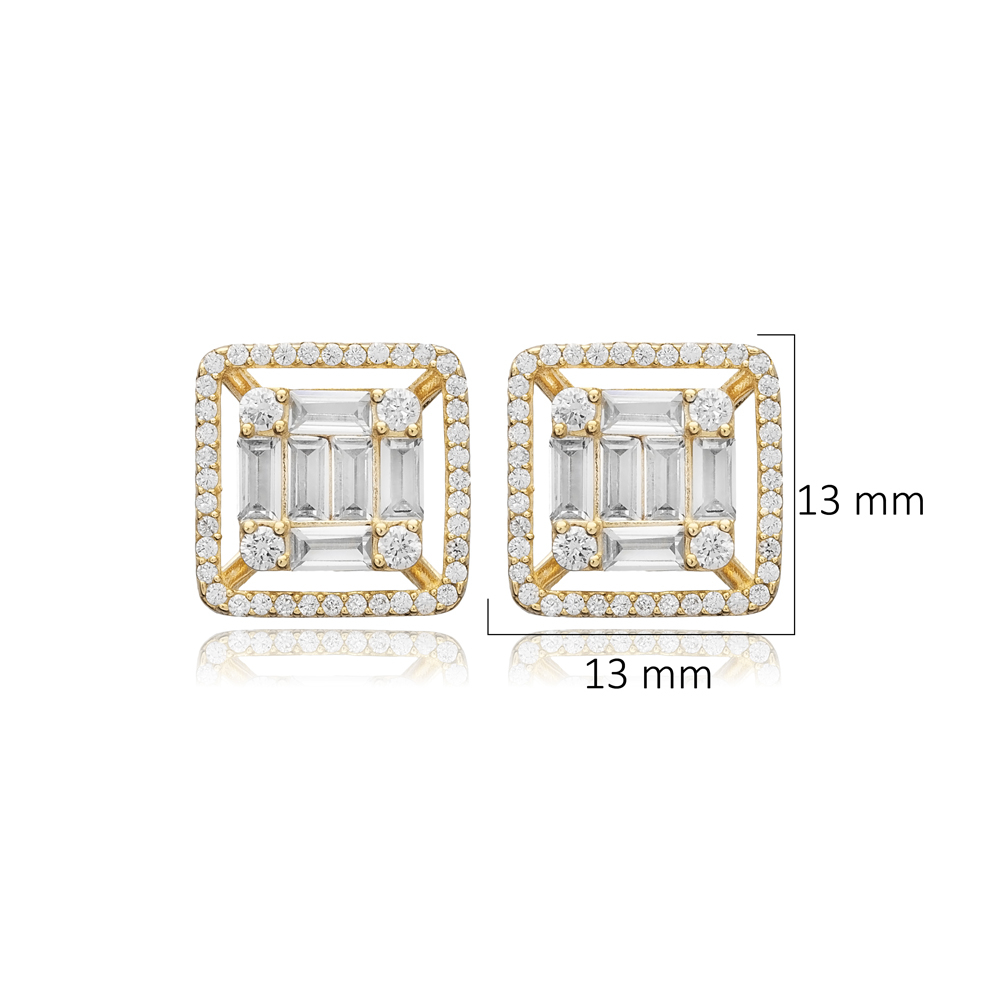 Square Shape Baguette Shiny CZ Stone Silver Stud Earrings