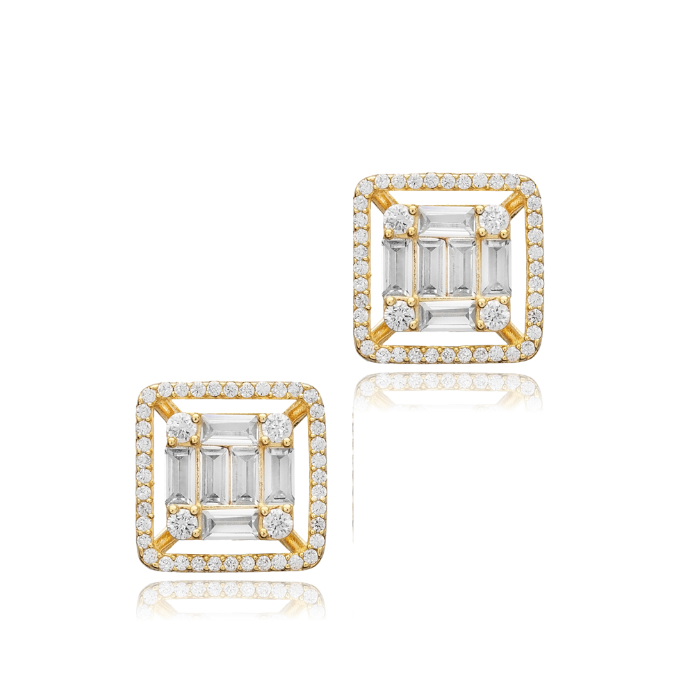 Square Shape Baguette Shiny CZ Stone Silver Stud Earrings