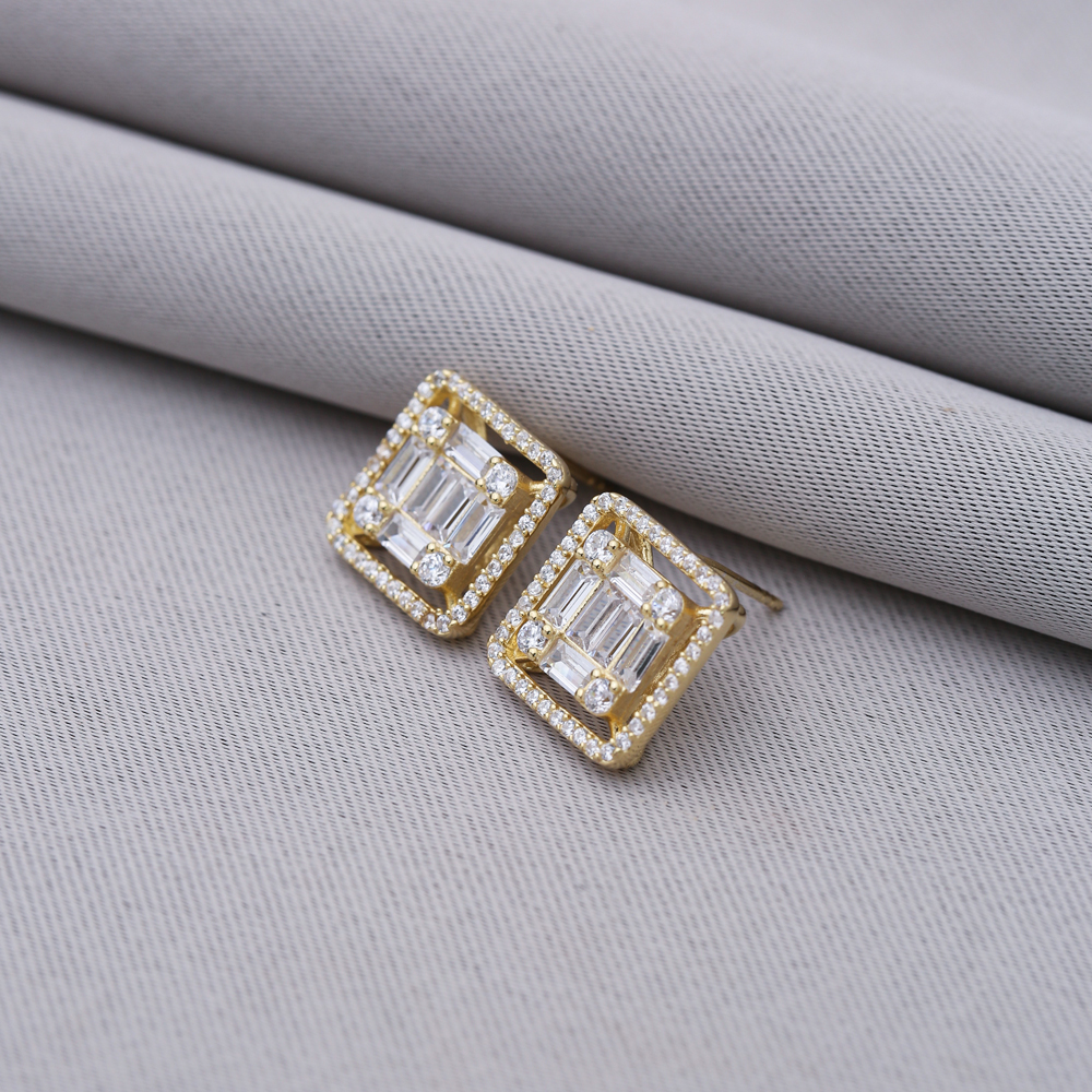 Square Shape Baguette Shiny CZ Stone Silver Stud Earrings