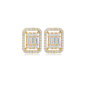 Rectangle Shape Baguette Shiny CZ Stone Silver Stud Earrings