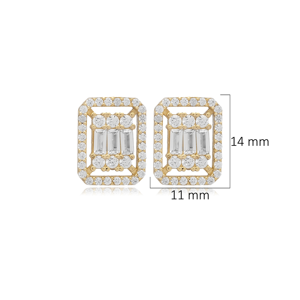 Rectangle Shape Baguette Shiny CZ Stone Silver Stud Earrings