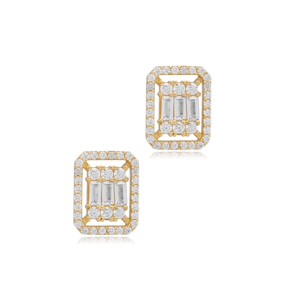 Rectangle Shape Baguette Shiny CZ Stone Silver Stud Earrings