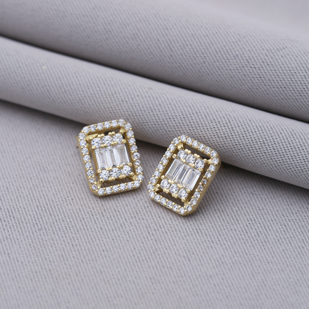 Rectangle Shape Baguette Shiny CZ Stone Silver Stud Earrings