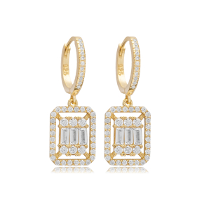 Rectangle Shape Baguette Shiny CZ Stone Silver Dangle Earrings