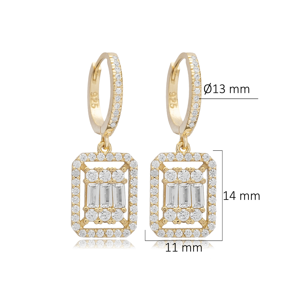 Rectangle Shape Baguette Shiny CZ Stone Silver Dangle Earrings