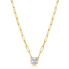 Cushion Stone Shape CZ Stone Link Chain Silver Charm Necklace