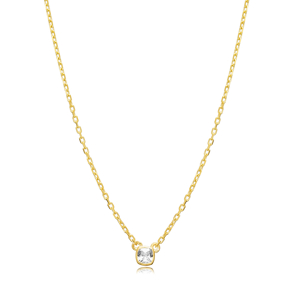 Cushion Stone Shape CZ Stone Forse Chain Silver Charm Necklace