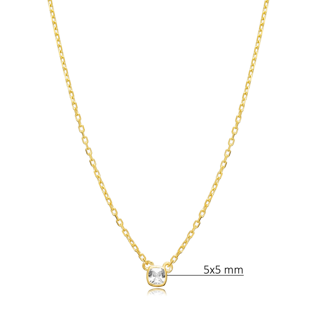 Cushion Stone Shape CZ Stone Forse Chain Silver Charm Necklace