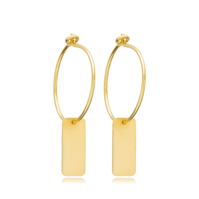Plain Rectangle Tag Charm Wholesale Silver Hoop Earrings