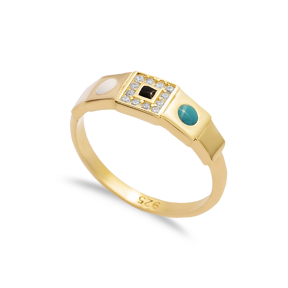 Square Design CZ Enamel Silver Band Ring