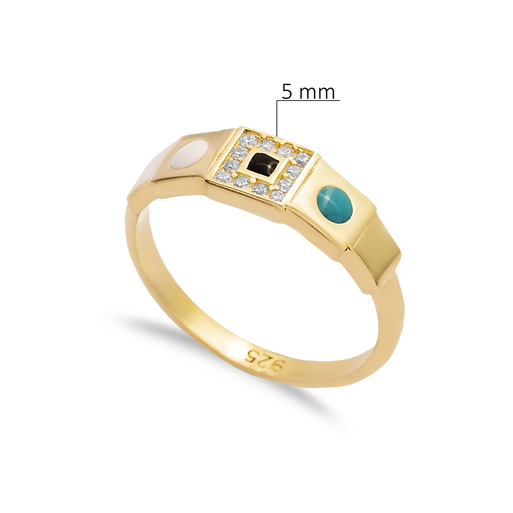 Square Design CZ Enamel Silver Band Ring