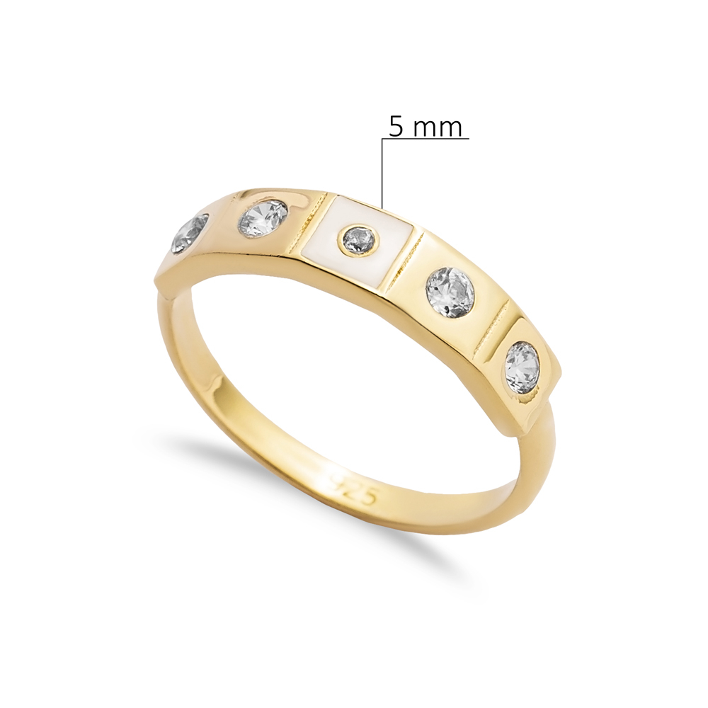 White Enamel CZ Stone Dainty 925 Silver Band Ring Jewelry