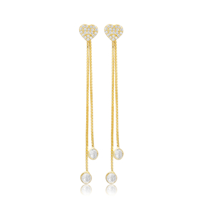 Heart Design CZ  Chain Long Earrings