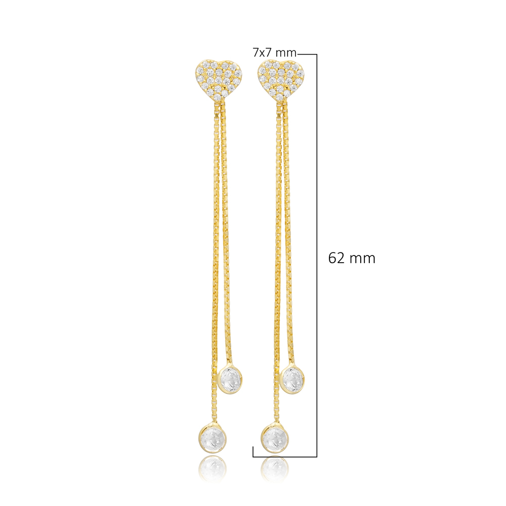 Heart Design CZ Stone Sterling Silver Stud Long Chain Earrings