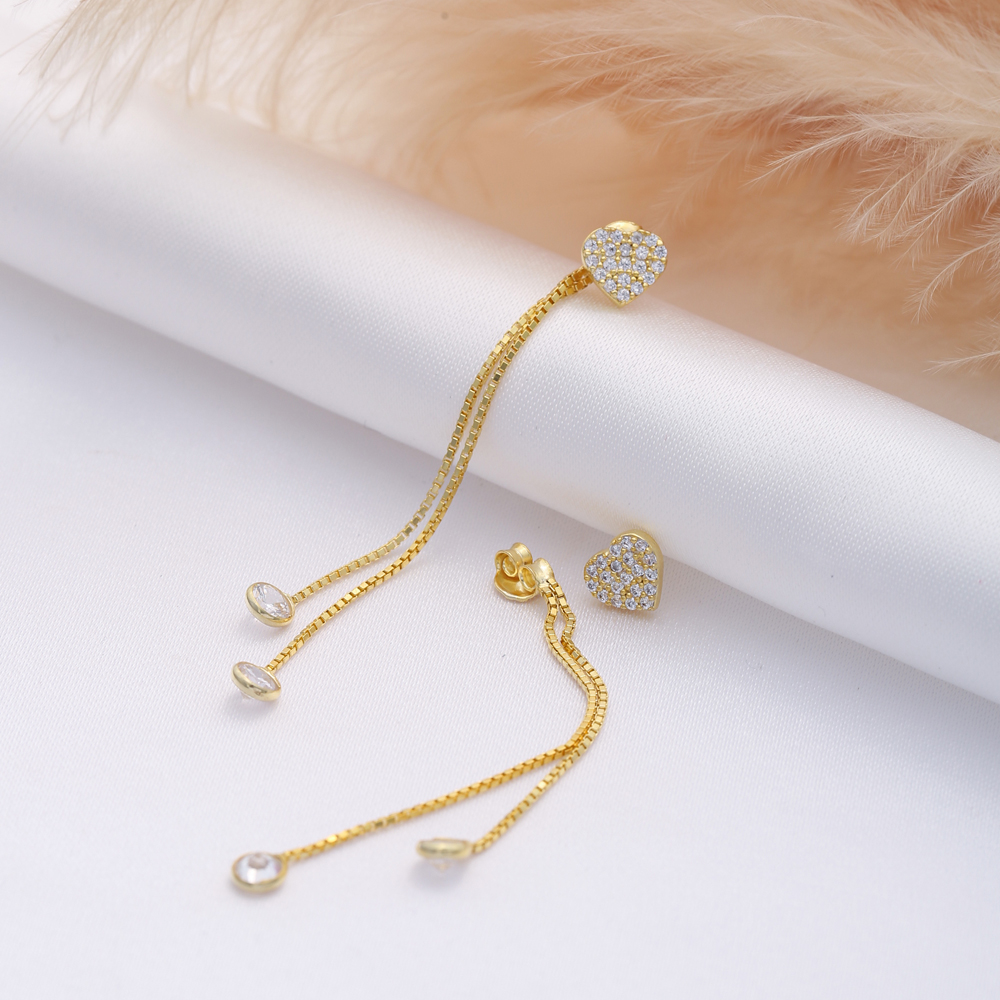 Heart Design CZ  Chain Long Earrings