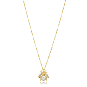 Bee Design Cute Pearl Charm Necklace 925 Silver Jewelry