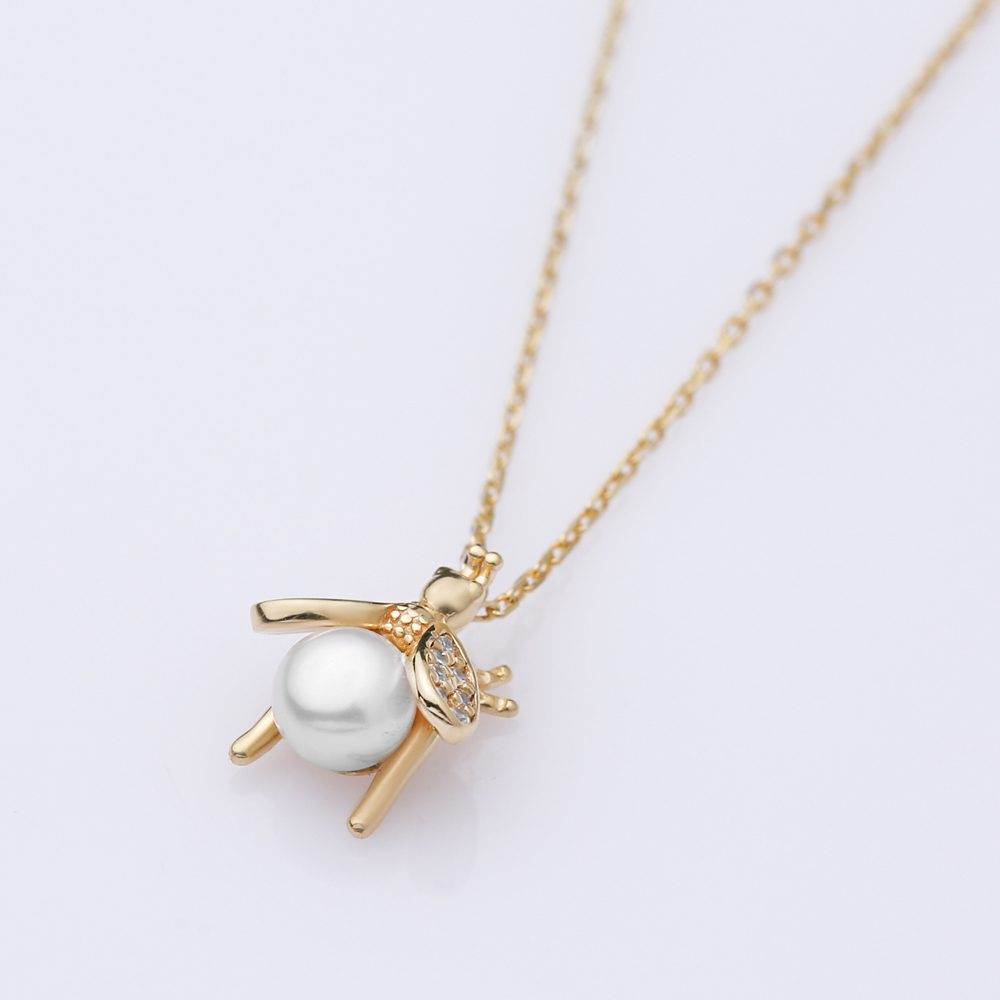 Bee Design Cute Pearl Charm Necklace 925 Silver Jewelry