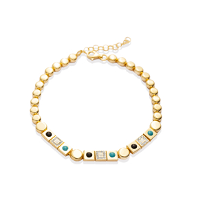 Enamel Square and Round Shape Handmade Silver Charm Bracelet