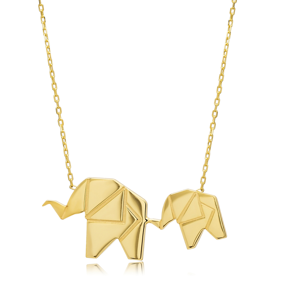 Two Elephant Silver Plain Charm Necklace Origami Jewelry