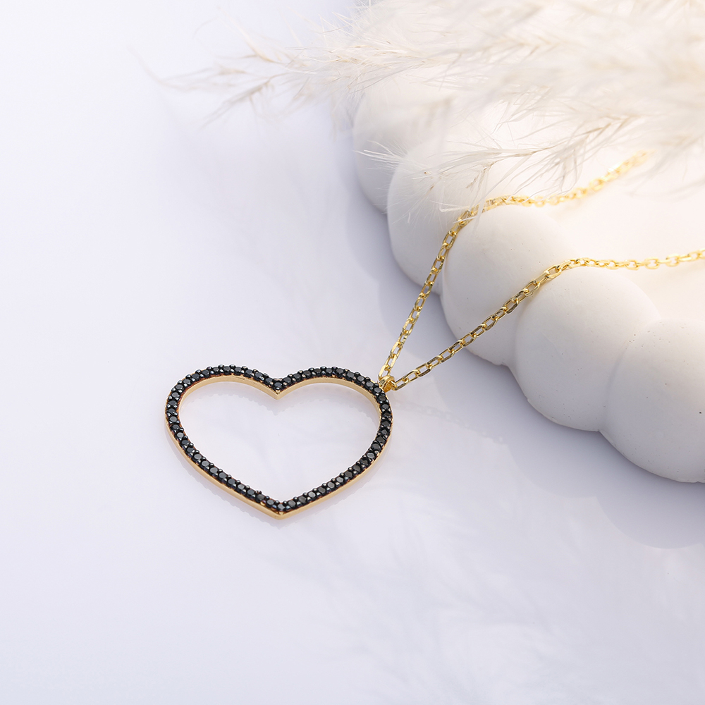 Black CZ Hollow Heart Design Charm Necklace Pendant