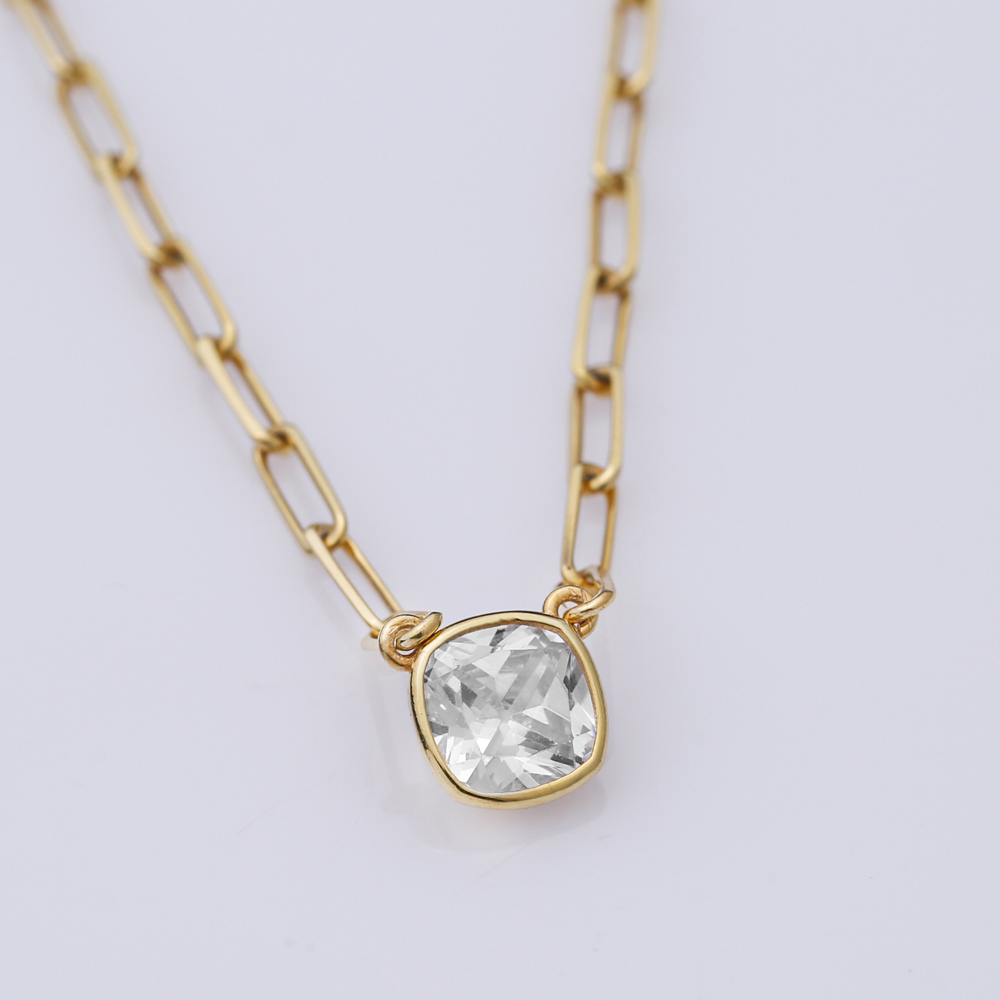 Cushion Stone Shape CZ Stone Link Chain Silver Charm Necklace