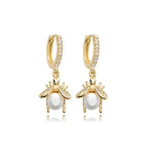Bee Design Pearl CZ Stone Sterling Silver Dangle Earrings