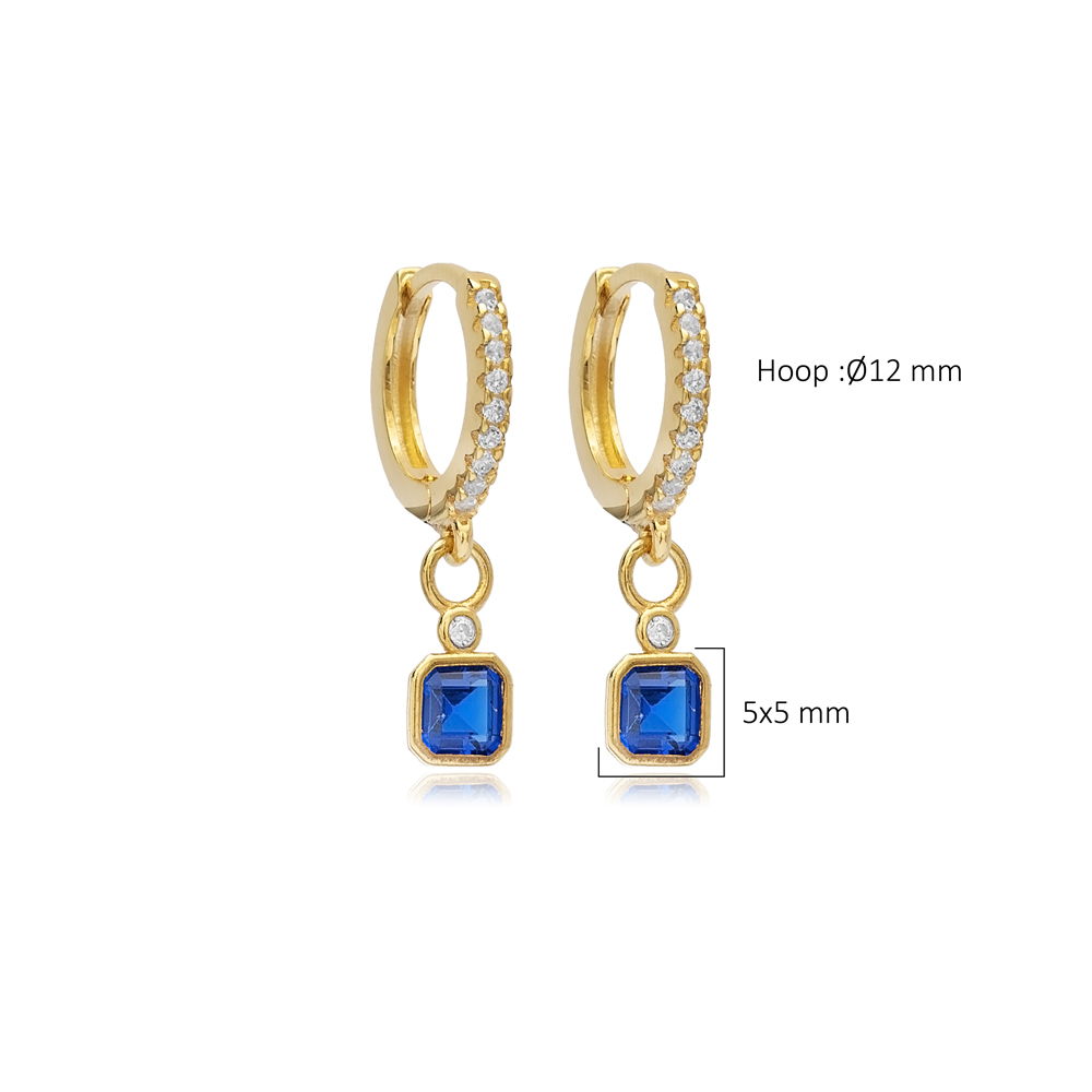 Square Design Sapphire CZ Stone 925 Silver Dangle Earrings