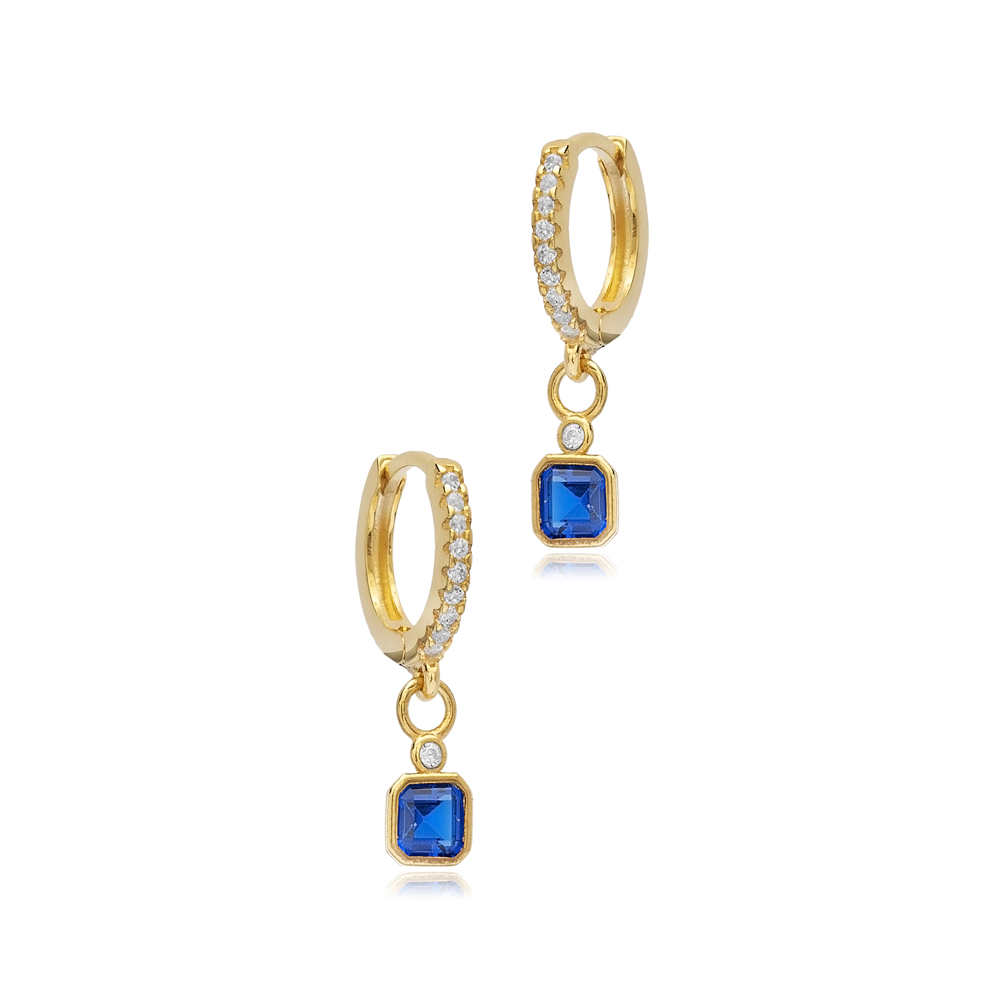 Square Design Sapphire CZ Stone 925 Silver Dangle Earrings