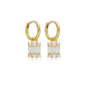 Baguette Rectangle Charm CZ Stone Silver Dangle Earrings