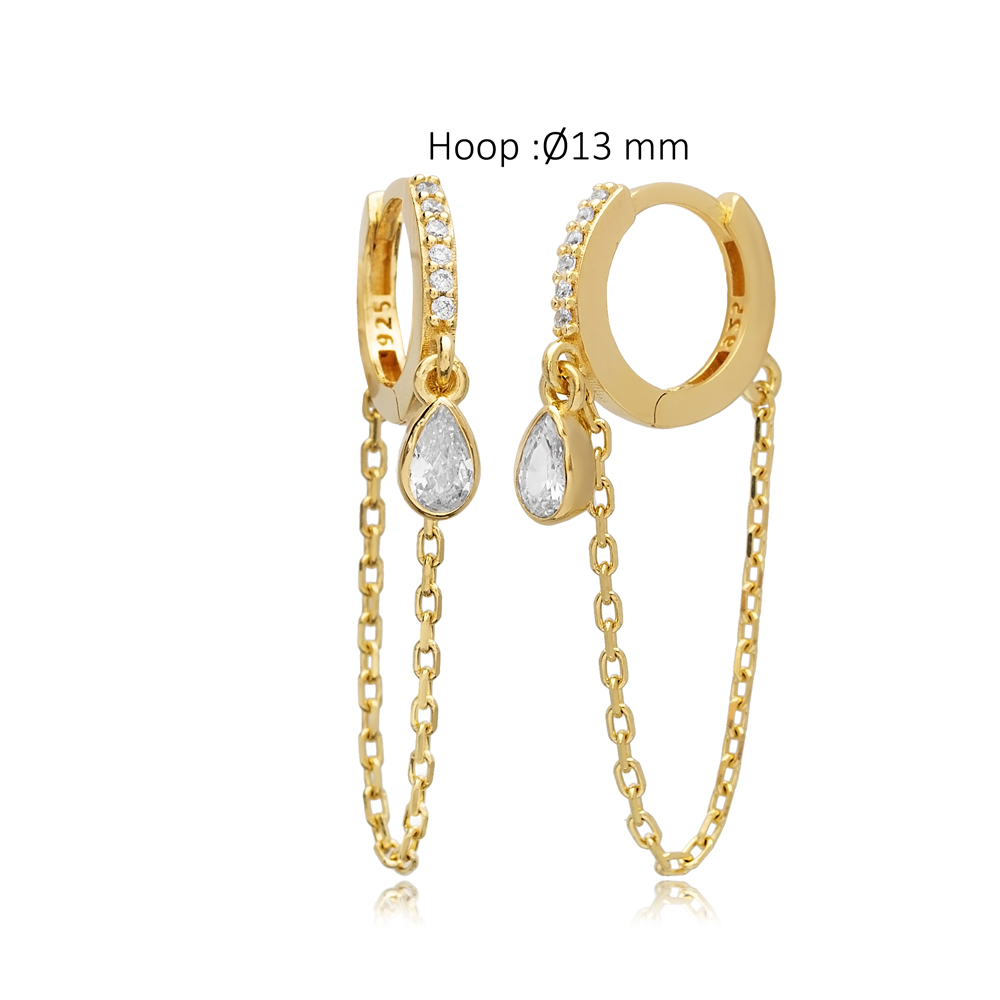 Drop Charm White CZ Stone Turkish 925 Silver Hoop Earrings