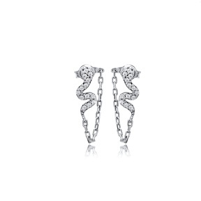 Snake Design CZ Silver Chain Stud Earrings