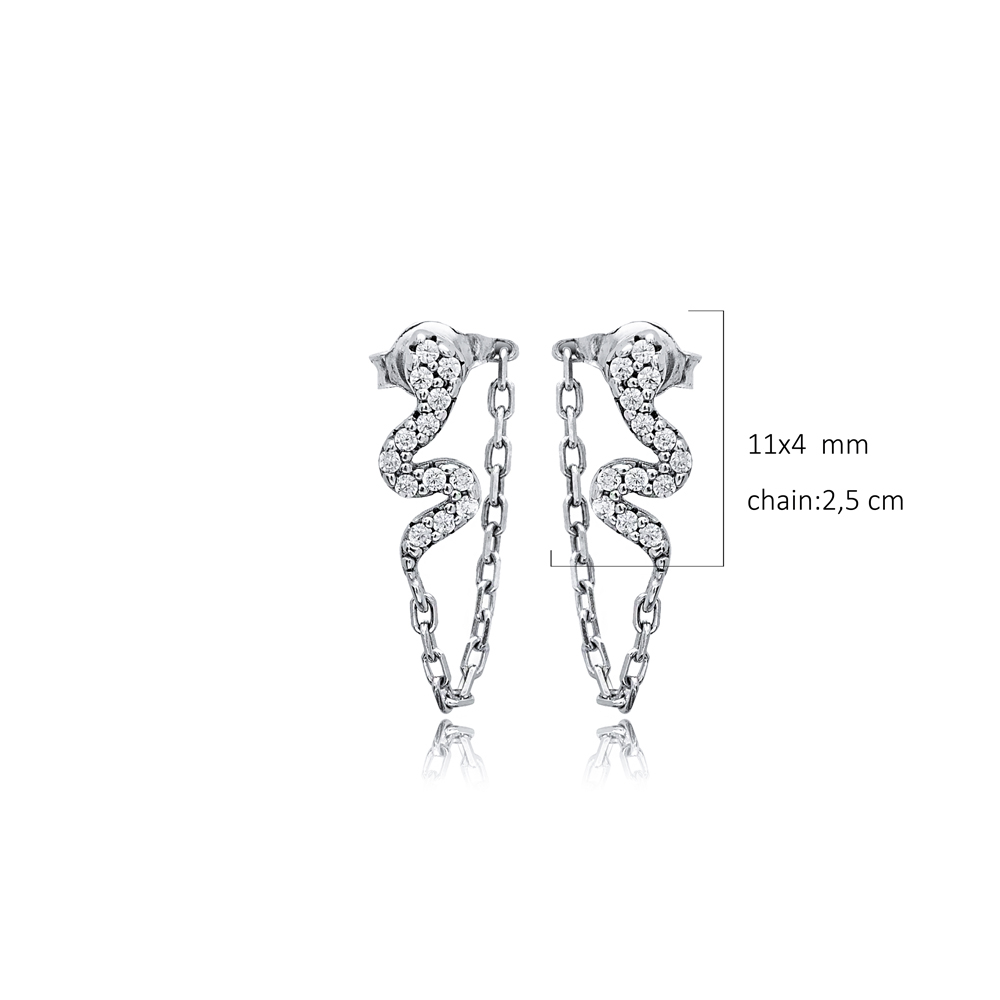 Snake Design CZ Silver Chain Stud Earrings