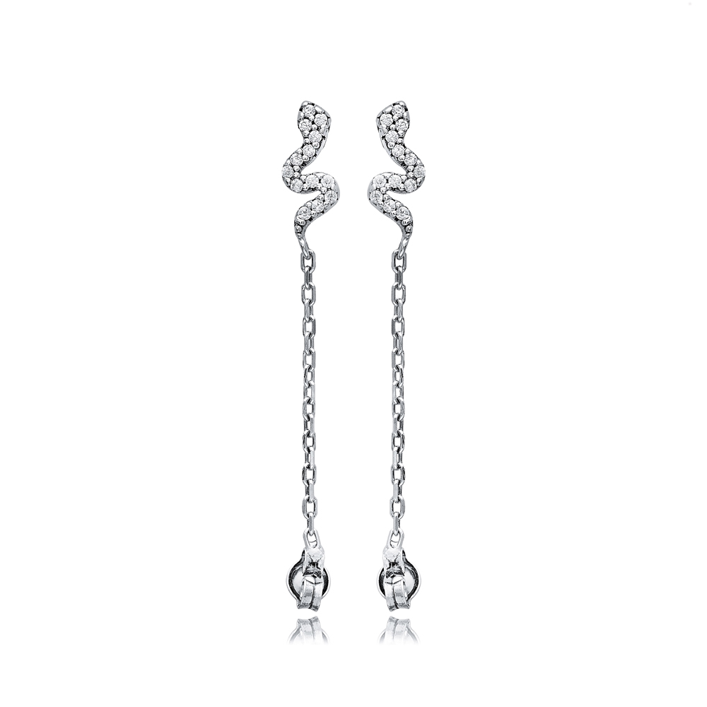 Snake Design CZ Stone Turkish 925 Silver Chain Stud Earrings