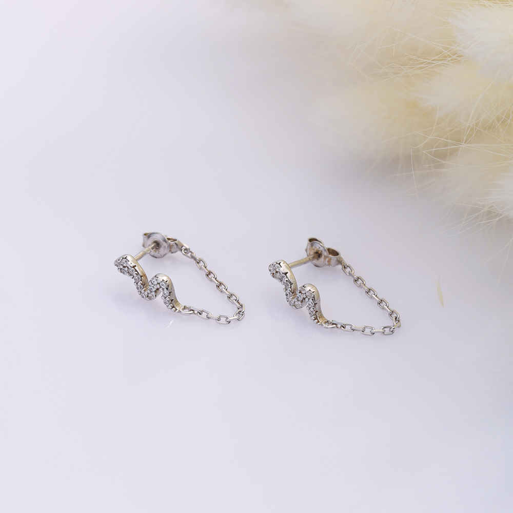 Snake Design CZ Stone Turkish 925 Silver Chain Stud Earrings