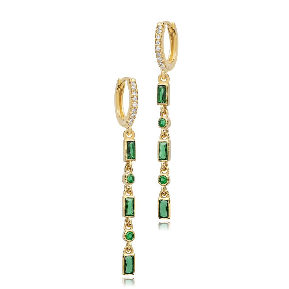 Emerald CZ Baguette Design Silver Wholesale Dangle Earrings