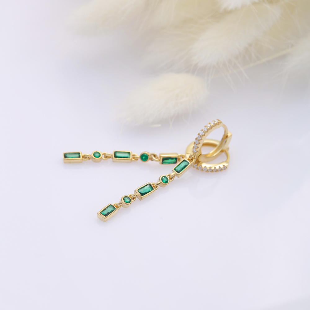 Emerald CZ Baguette Design Silver Wholesale Dangle Earrings