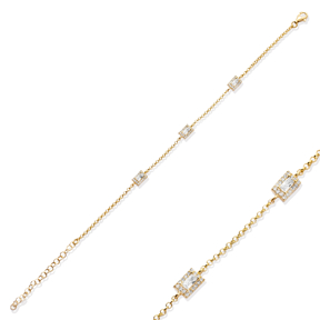 Dainty Rectangle Design CZ Stone 925 Silver Charm Bracelet