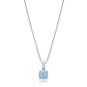 Light Blue Opal Round Charm Silver Necklace Wholesale Jewelry