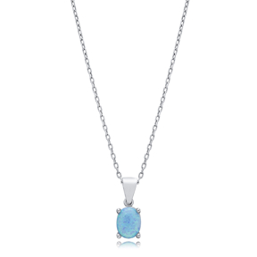 Light Blue Opal Oval Design Charm Silver Necklace Jewelry