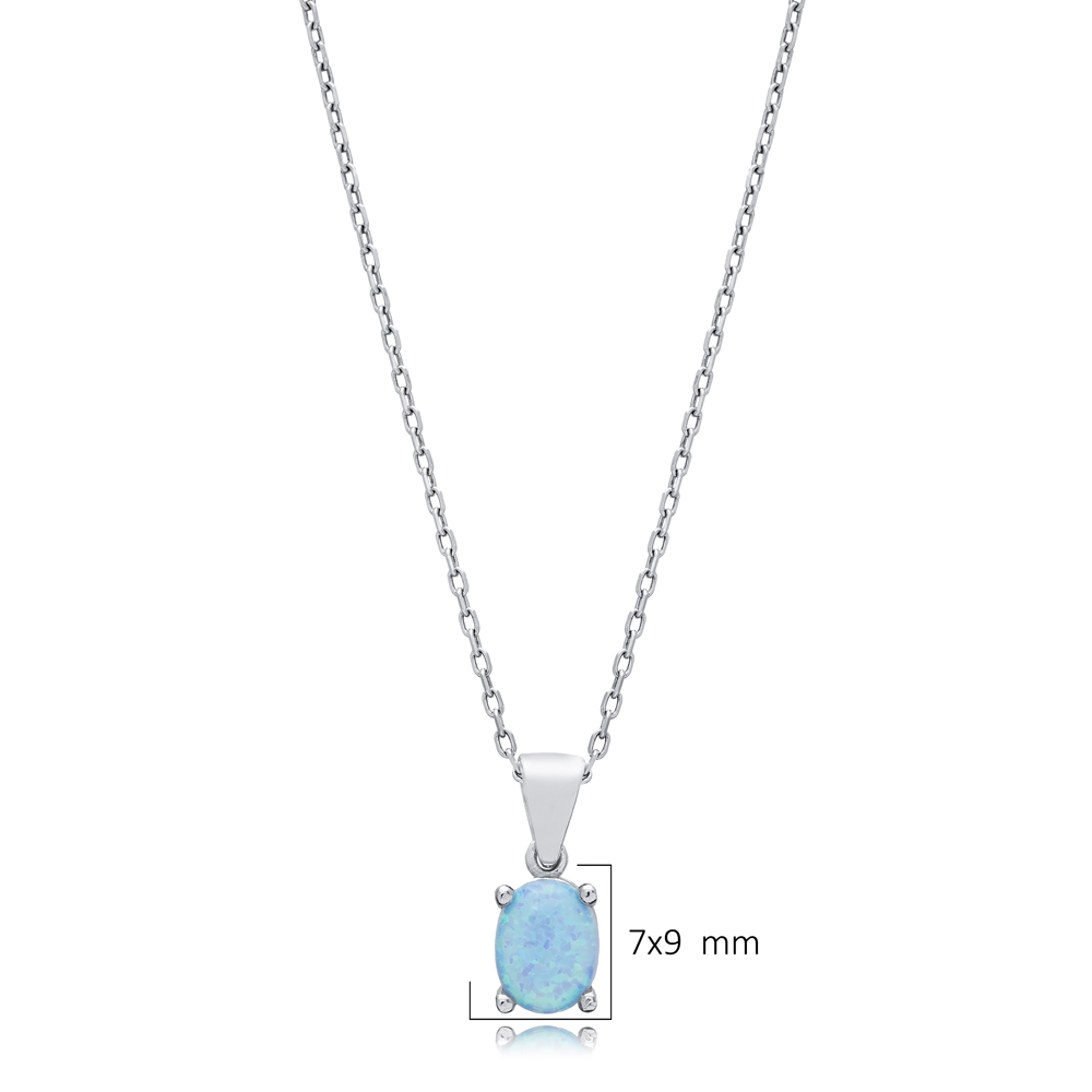 Light Blue Opal Oval Design Charm Silver Necklace Jewelry