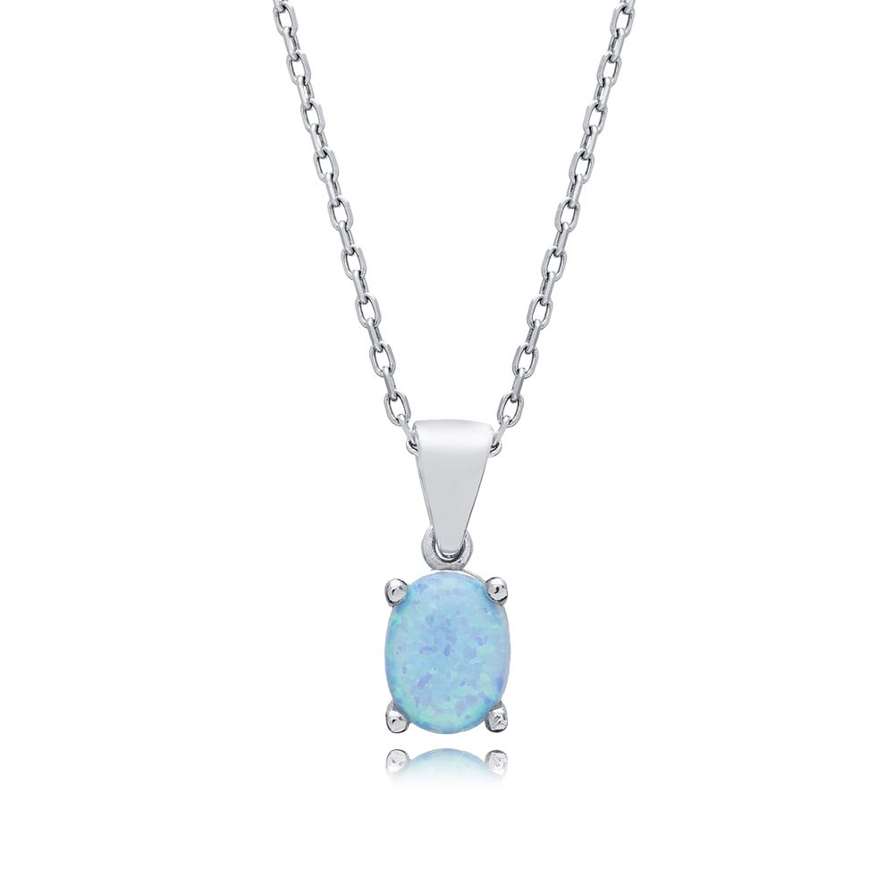 Light Blue Opal Oval Design Charm Silver Necklace Jewelry